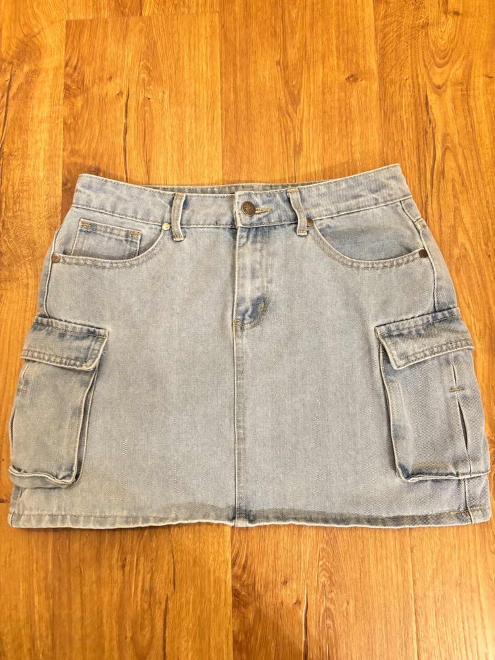 Light Wash Denim Cargo Mini Skirt